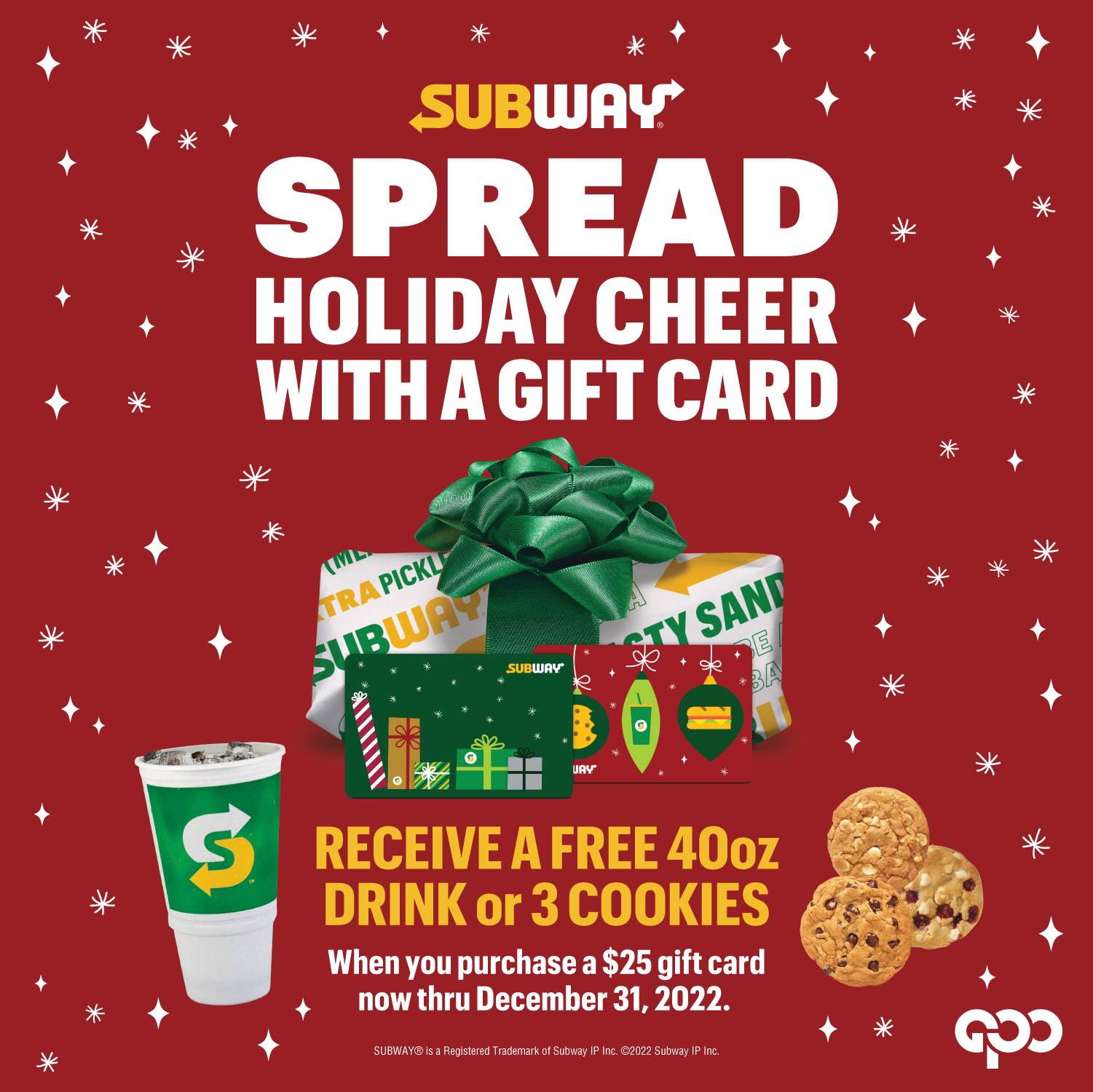 Subway FREE Fountain Drink or Cookies with $25 Gift Card Purchase: December 1 – December 31